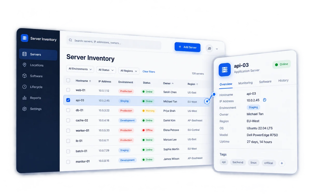 Illustrative server inventory interface with infrastructure records and operational details.