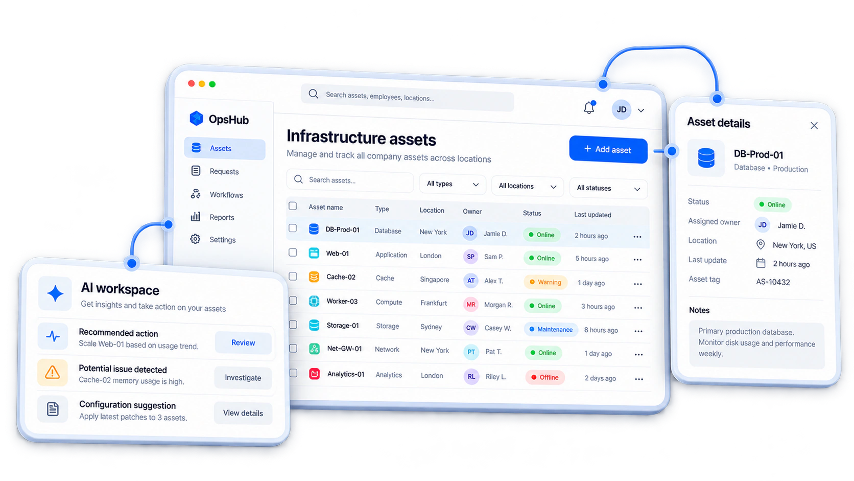 Illustrative internal business application interface with fictional asset records and workspace panels.